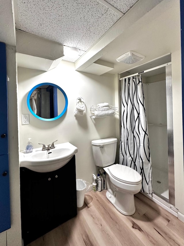 bathroom with hardwood / wood-style floors, a drop ceiling, vanity, a shower with curtain, and toilet