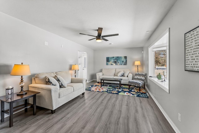 living room with ceiling fan and wood-type flooring