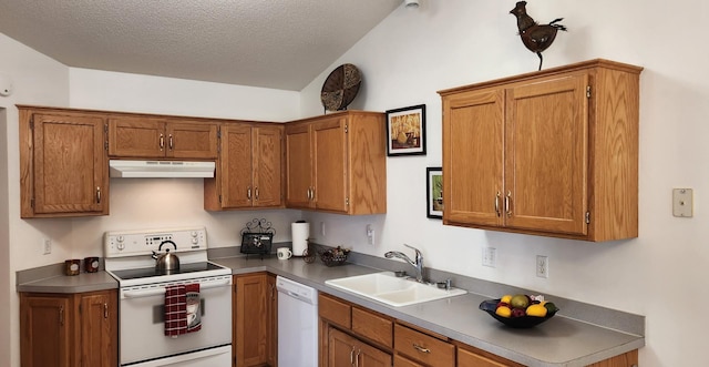 kitchen featuring sink, a textured ceiling, and white appliances