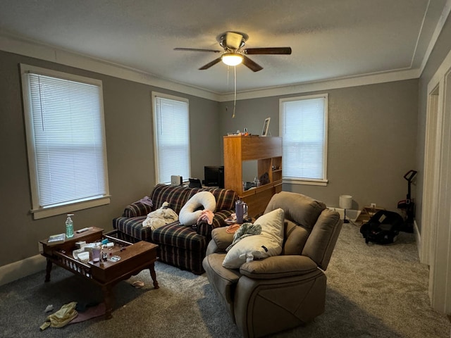 living room featuring carpet floors, a wealth of natural light, and crown molding