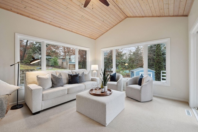 living room with wood ceiling, ceiling fan, vaulted ceiling, and carpet