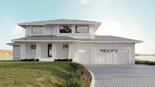 prairie-style house featuring a water view and a front lawn