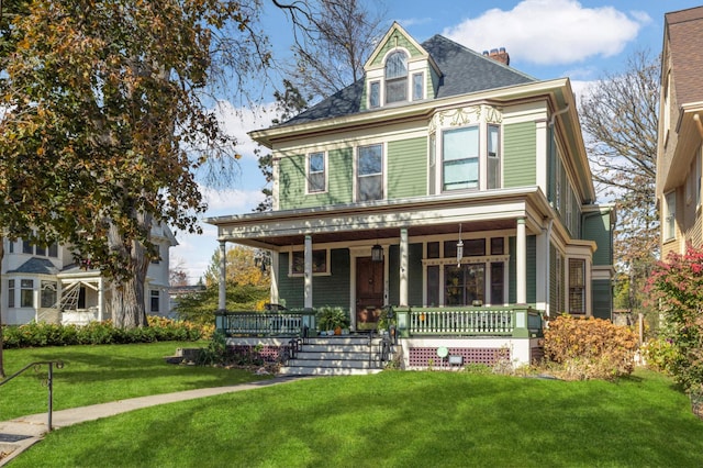 victorian-style house with a front yard and covered porch