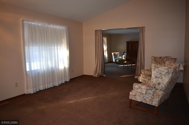 unfurnished room featuring dark carpet and lofted ceiling