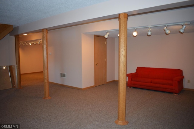 basement with carpet and a textured ceiling