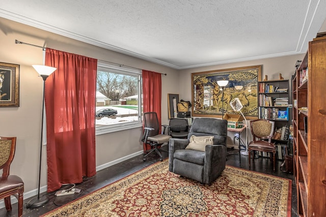 living area featuring a textured ceiling and dark hardwood / wood-style flooring