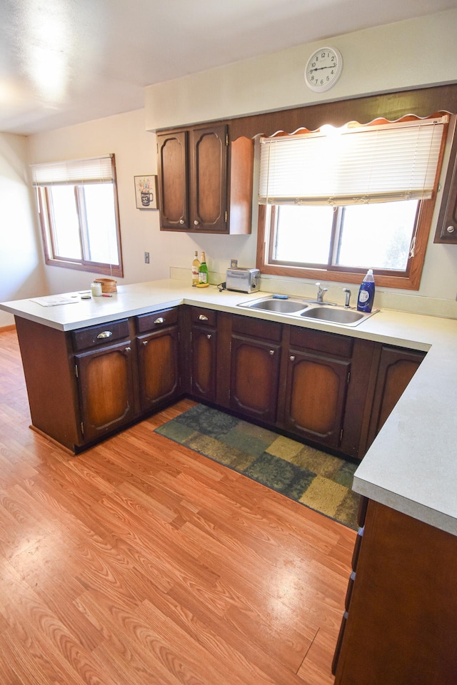 kitchen featuring kitchen peninsula, light wood-type flooring, dark brown cabinetry, and sink