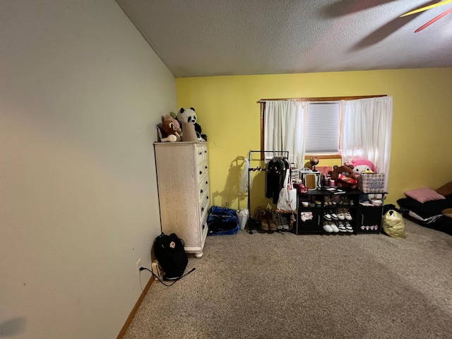 misc room with carpet flooring, a textured ceiling, and ceiling fan