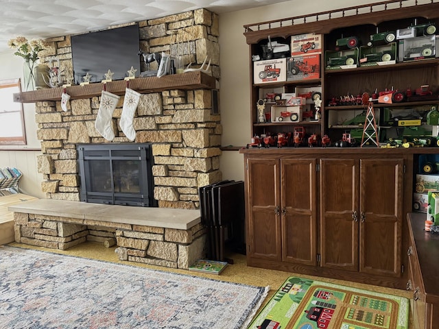 5114 46th St, Merton Twp, MN 55060 - living room featuring a stone fireplace