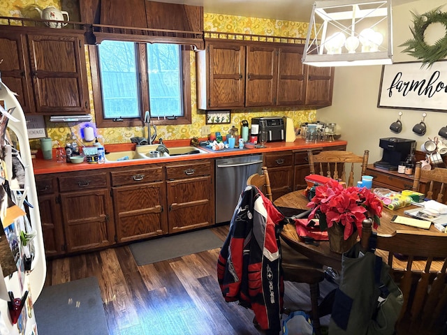 5114 46th St, Merton Twp, MN 55060 - kitchen featuring dishwasher, a sink, dark wood-style floors, light countertops, and tasteful backsplash