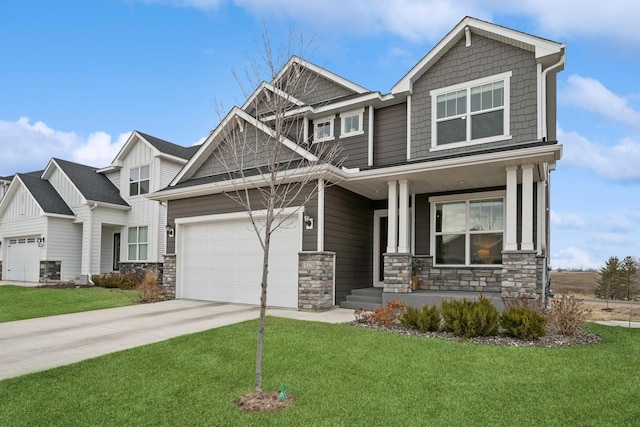 craftsman inspired home with an attached garage, a front lawn, a porch, stone siding, and driveway