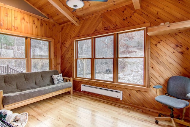 interior space with baseboard heating, wooden walls, lofted ceiling with beams, wooden ceiling, and light hardwood / wood-style floors