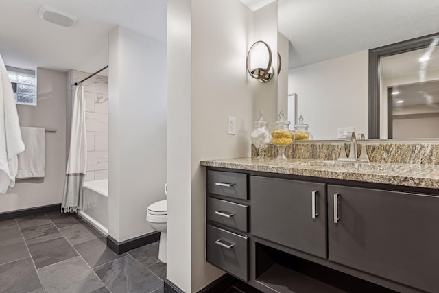 full bathroom with vanity, toilet, and shower / bath combination with curtain