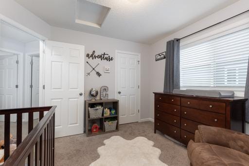 bedroom featuring light carpet