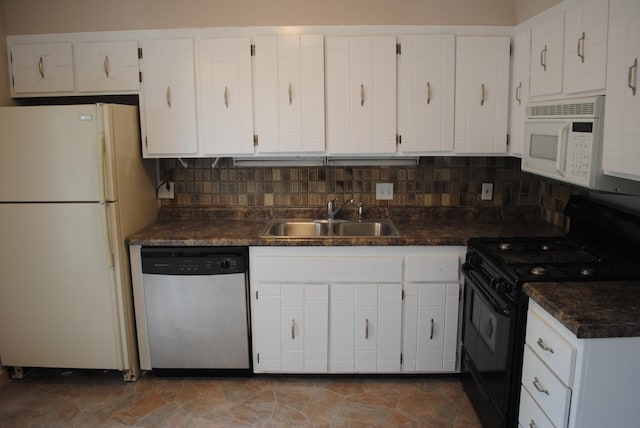 kitchen featuring sink, white appliances, backsplash, and white cabinets