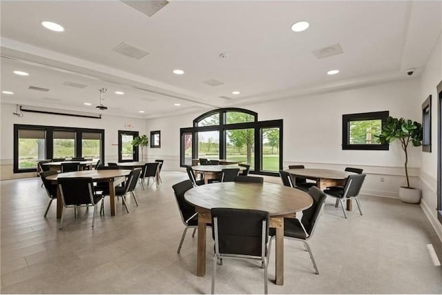 dining room featuring a wainscoted wall, visible vents, french doors, and recessed lighting