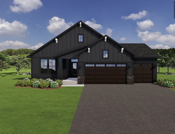 modern farmhouse with a garage and a front yard