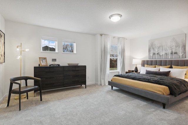 carpeted bedroom with a textured ceiling