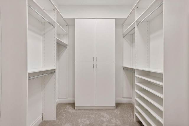 walk in closet featuring light colored carpet