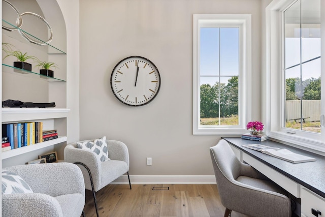 office with built in shelves, a healthy amount of sunlight, and light hardwood / wood-style flooring