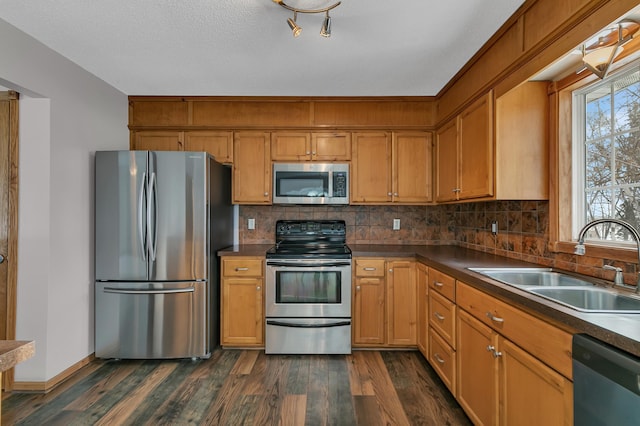 kitchen featuring backsplash, stainless steel appliances, dark wood-type flooring, and sink