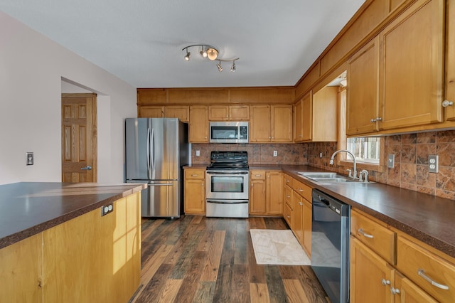 kitchen featuring dark hardwood / wood-style flooring, decorative backsplash, sink, and stainless steel appliances