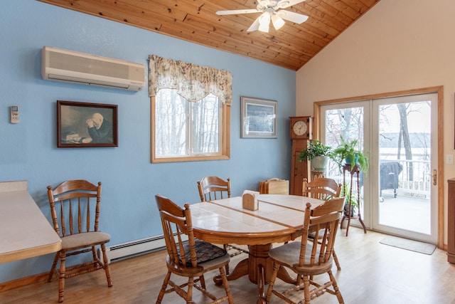 dining room featuring lofted ceiling, light hardwood / wood-style flooring, ceiling fan, wood ceiling, and a wall unit AC