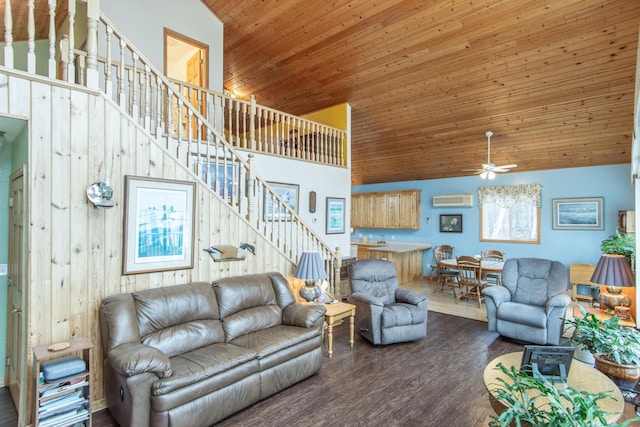 living room with wooden walls, hardwood / wood-style flooring, wood ceiling, and high vaulted ceiling