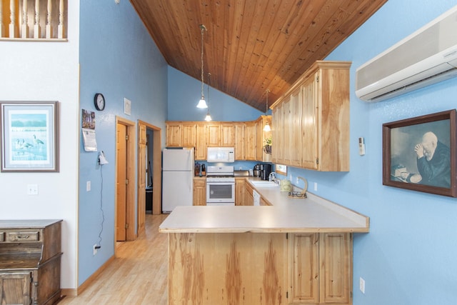 kitchen featuring hanging light fixtures, a wall unit AC, kitchen peninsula, white appliances, and wood ceiling