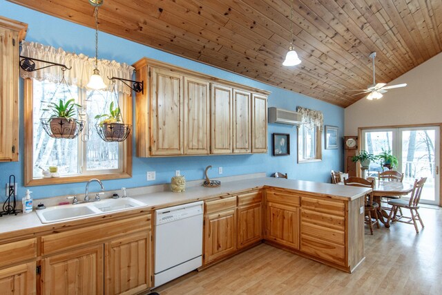 kitchen with sink, white dishwasher, lofted ceiling, decorative light fixtures, and wood ceiling