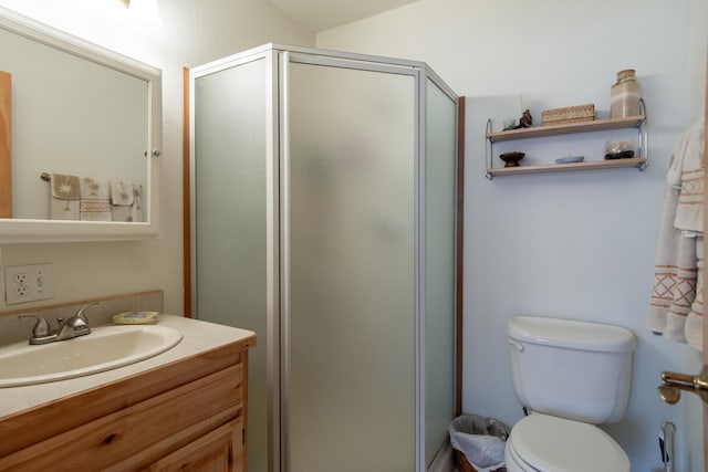 bathroom with vanity, an enclosed shower, and toilet