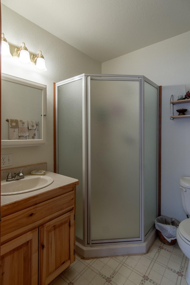 bathroom featuring vanity, toilet, and walk in shower