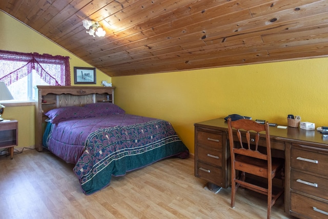 bedroom featuring wood ceiling, lofted ceiling, and light hardwood / wood-style floors