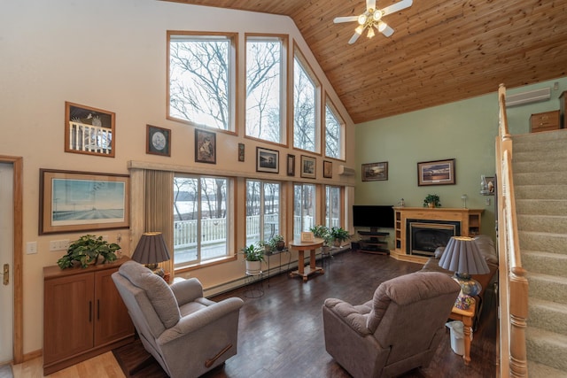 living room featuring hardwood / wood-style flooring, high vaulted ceiling, ceiling fan, and wood ceiling