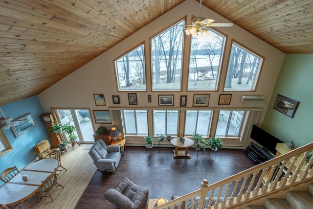 living room featuring dark hardwood / wood-style floors, high vaulted ceiling, ceiling fan, and wooden ceiling