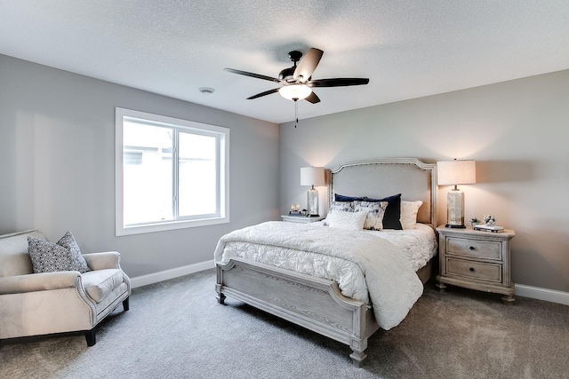 bedroom featuring dark colored carpet, ceiling fan, and a textured ceiling