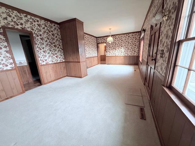 empty room with light carpet, wood walls, and ornamental molding