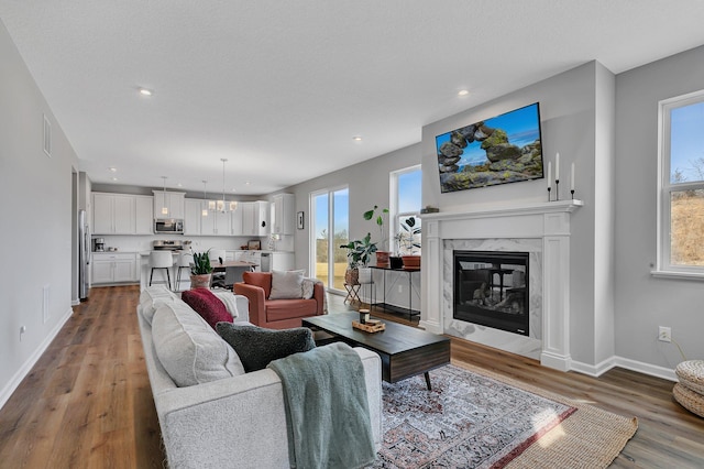 living room featuring a textured ceiling, hardwood / wood-style flooring, and a premium fireplace