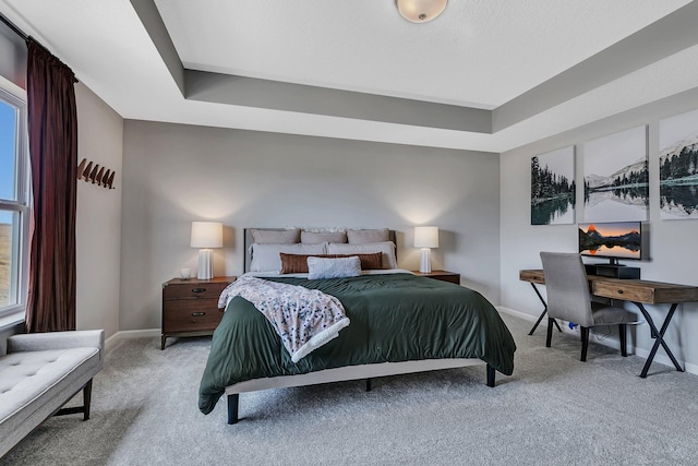 bedroom featuring a raised ceiling, multiple windows, and carpet floors