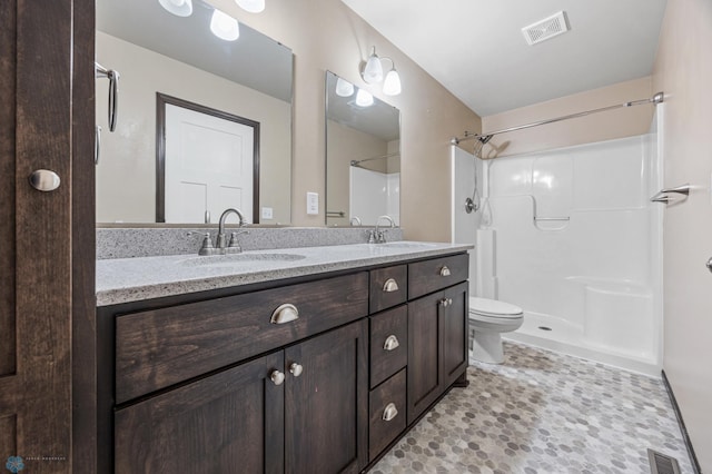 bathroom with vanity, toilet, and a shower