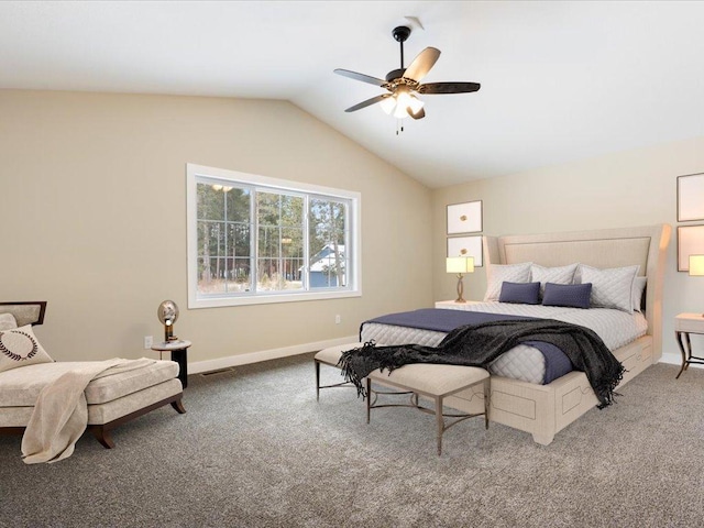 carpeted bedroom featuring lofted ceiling, baseboards, visible vents, and a ceiling fan