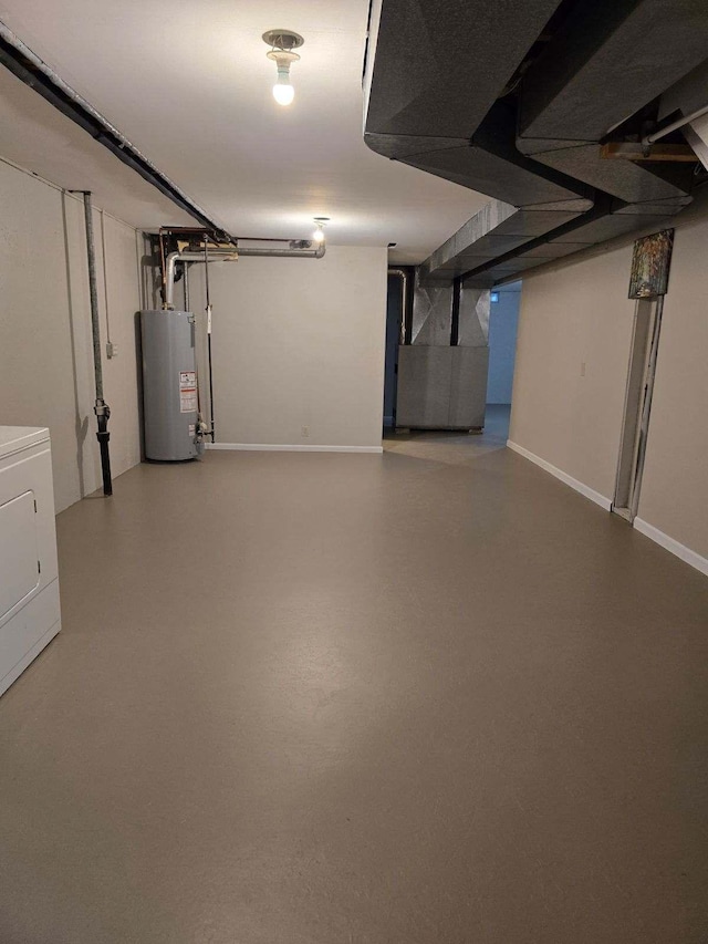 basement with gas water heater, washer / clothes dryer, and heating unit