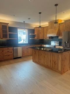 kitchen with dishwasher, custom exhaust hood, dark countertops, and open shelves