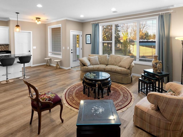 living room with light wood-type flooring and crown molding