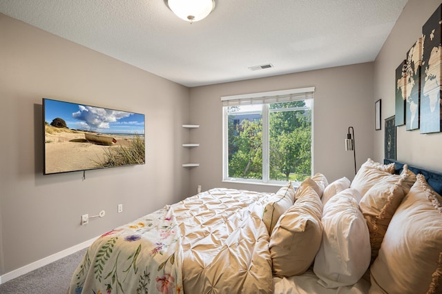 carpeted bedroom with a textured ceiling