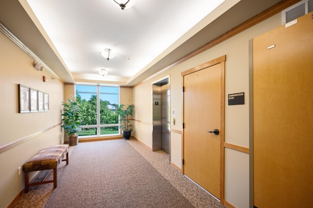 hallway with carpet floors and elevator