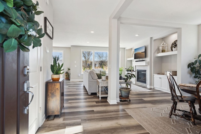 entryway with dark wood-type flooring