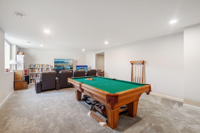 rec room featuring light carpet and billiards