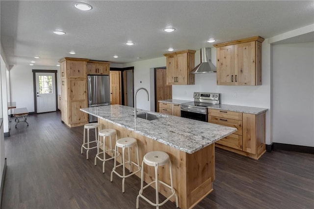 kitchen with wall chimney range hood, stainless steel appliances, sink, and an island with sink