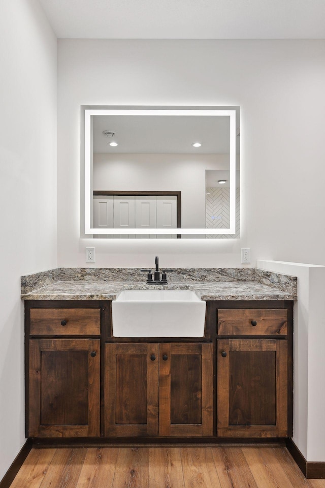 bathroom with wood-type flooring and vanity